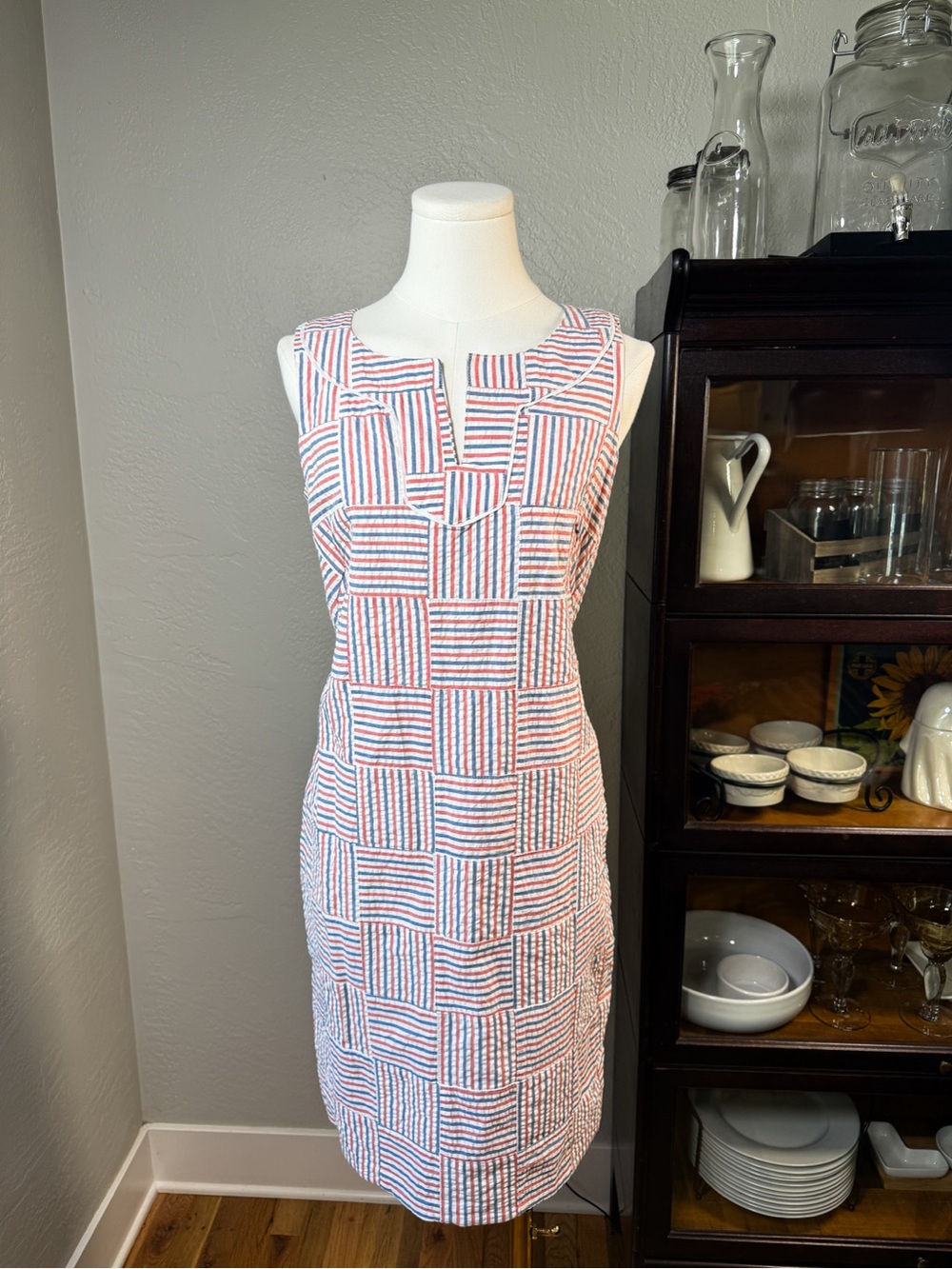 Talbots Patriotic Patchwork Stripe Shift Dress Red White Blue Cotton Size 2